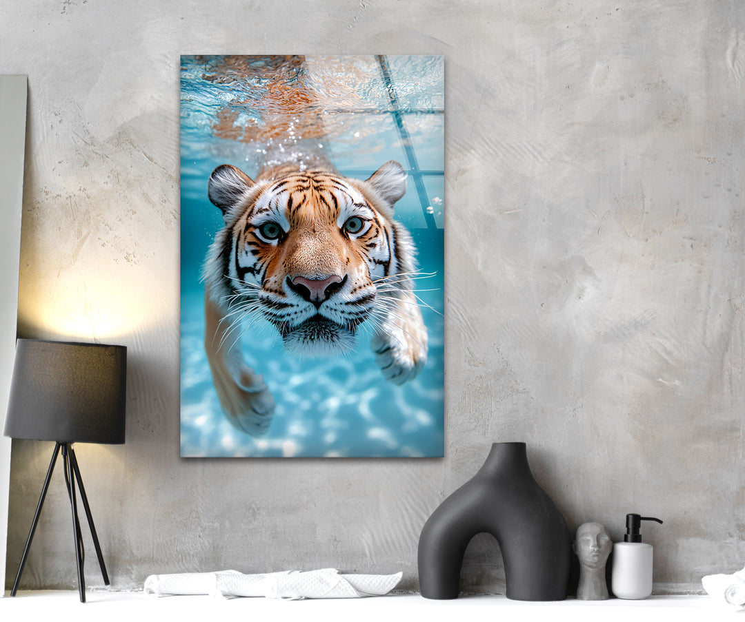 Tiger Swimming Underwater In the Pool Glass Wall Art