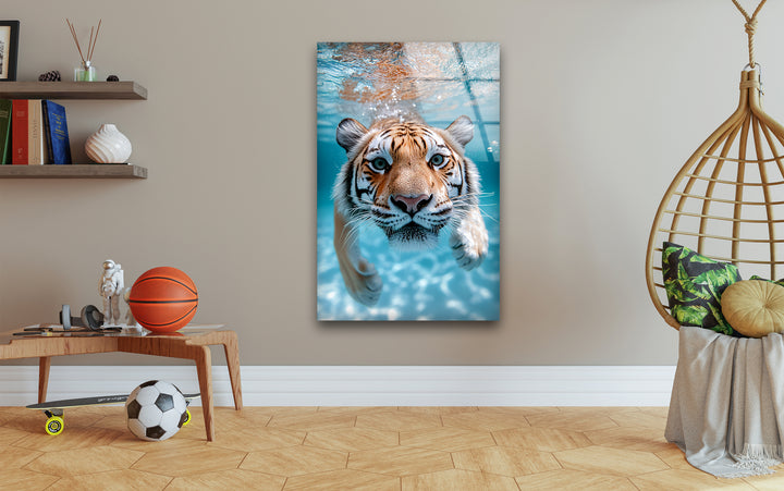 Tiger Swimming Underwater In the Pool Glass Wall Art glass wall decor, glass wall art decor
