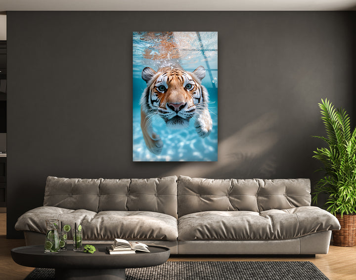 Tiger Swimming Underwater In the Pool Glass Wall Art print picture on glass, Tempered Glass Wall Art
