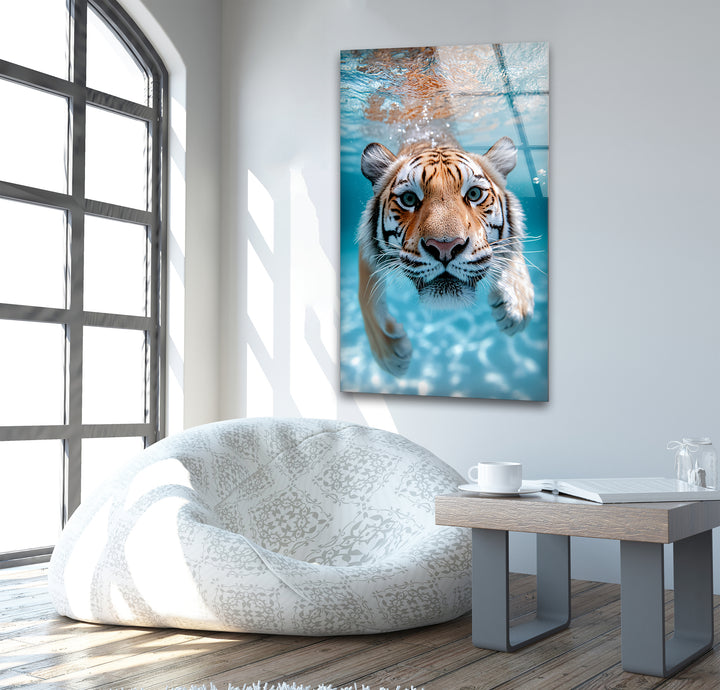 Tiger Swimming Underwater In the Pool Glass Wall Art stained glass wall art, stained glass wall decor
