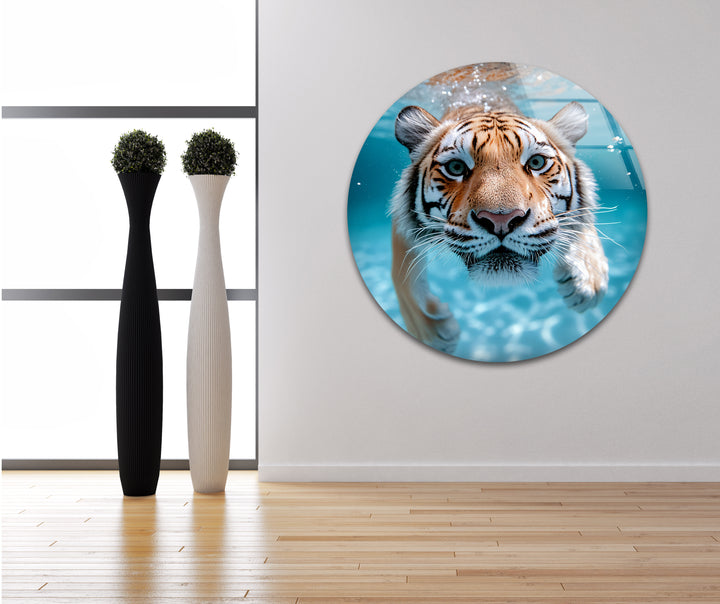 Tiger Swimming Underwater In the Pool Glass Wall Art glass art painting, glass art for the Wall
