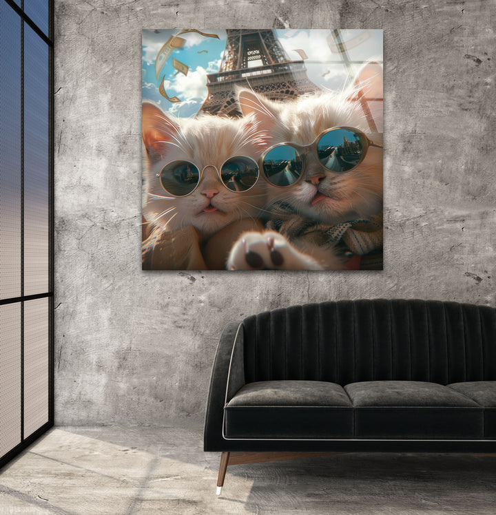 Two Cats in Paris Glass Wall Art             glass wall decor, glass wall art decor