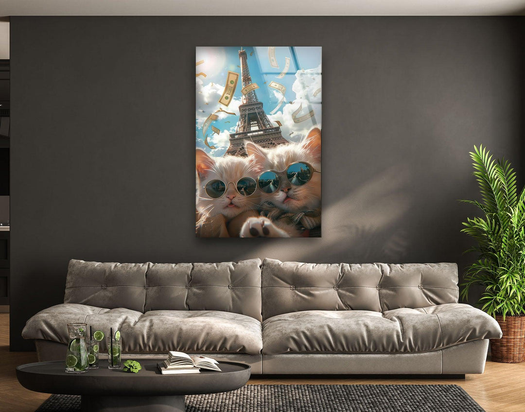 Two Cats in Paris Glass Wall Art picture on glass wall art, photos printed on glass