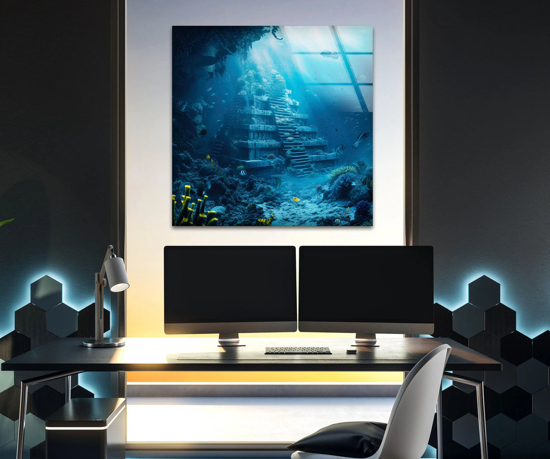 Underwater Atlantis City Glass Wall Art photo print on glass, prints on glass wall art
