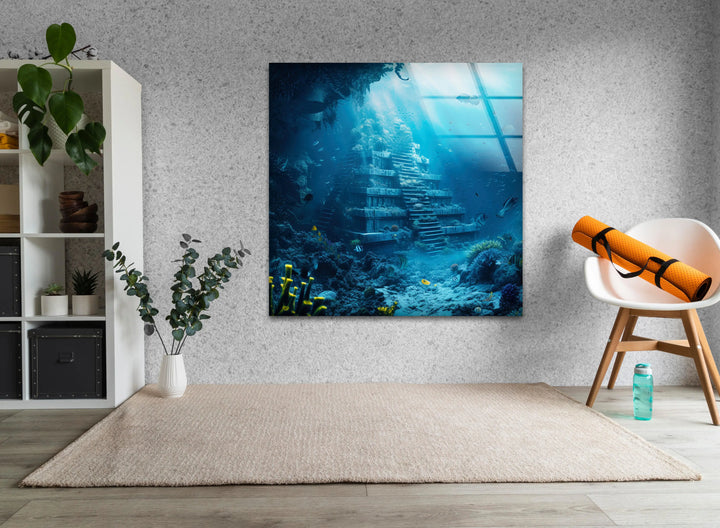 Underwater Atlantis City Glass Wall Art print picture on glass, Tempered Glass Wall Art
