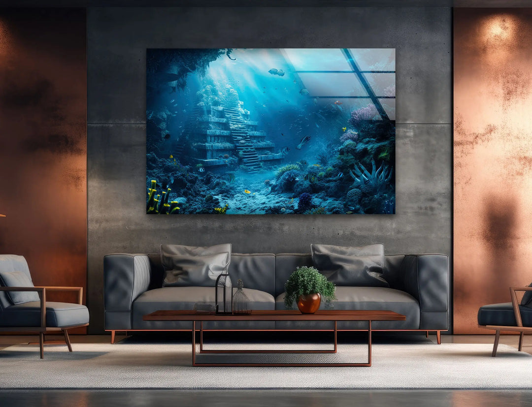 Underwater Atlantis City Glass Wall Art picture on glass wall art, photos printed on glass
