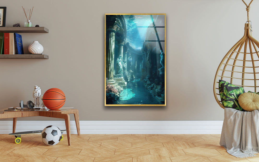 Underwater Atlantis Temple Glass Wall Art custom glass photo prints, large glass prints
