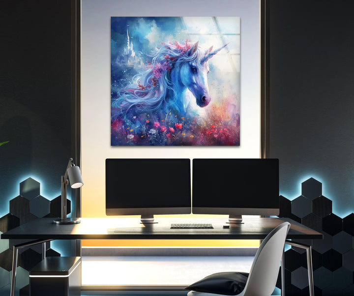 Unicorn with Flowers Glass Wall Art picture on glass wall art, photos printed on glass