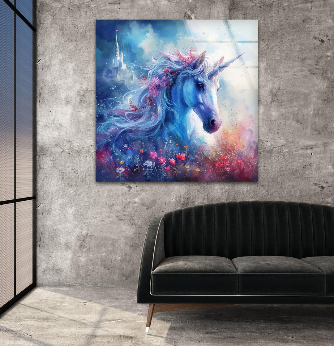 Unicorn with Flowers Glass Wall Art photo print on glass, prints on glass wall art