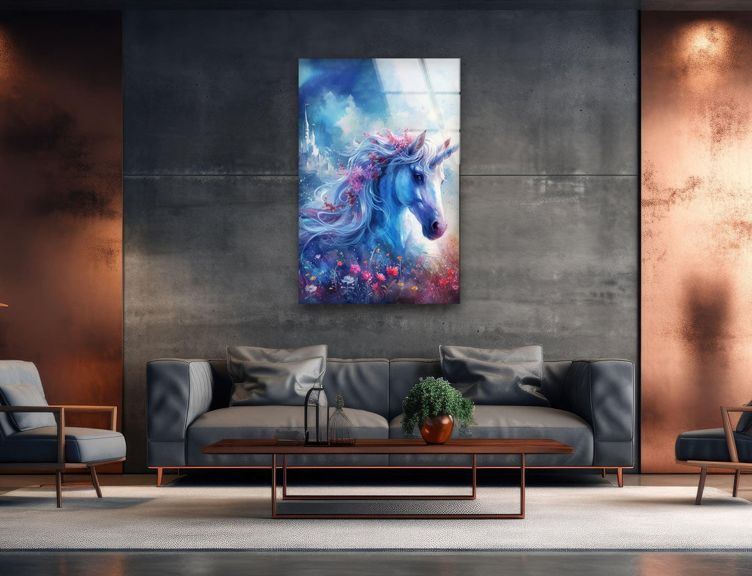 Unicorn with Flowers Glass Wall Art Glass Printing Wall Art, Print photos on glass