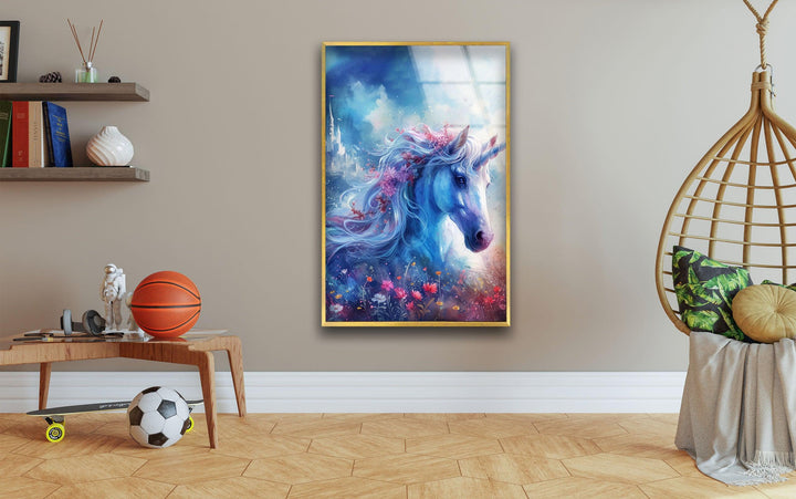 Unicorn with Flowers Glass Wall Art glass image printing, glass prints from photos