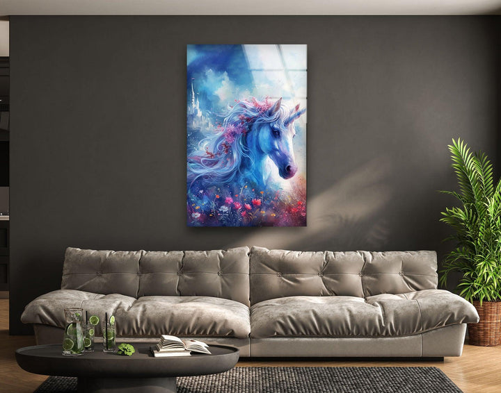 Unicorn with Flowers Glass Wall Art glass pictures for Wall, glass prints wall art