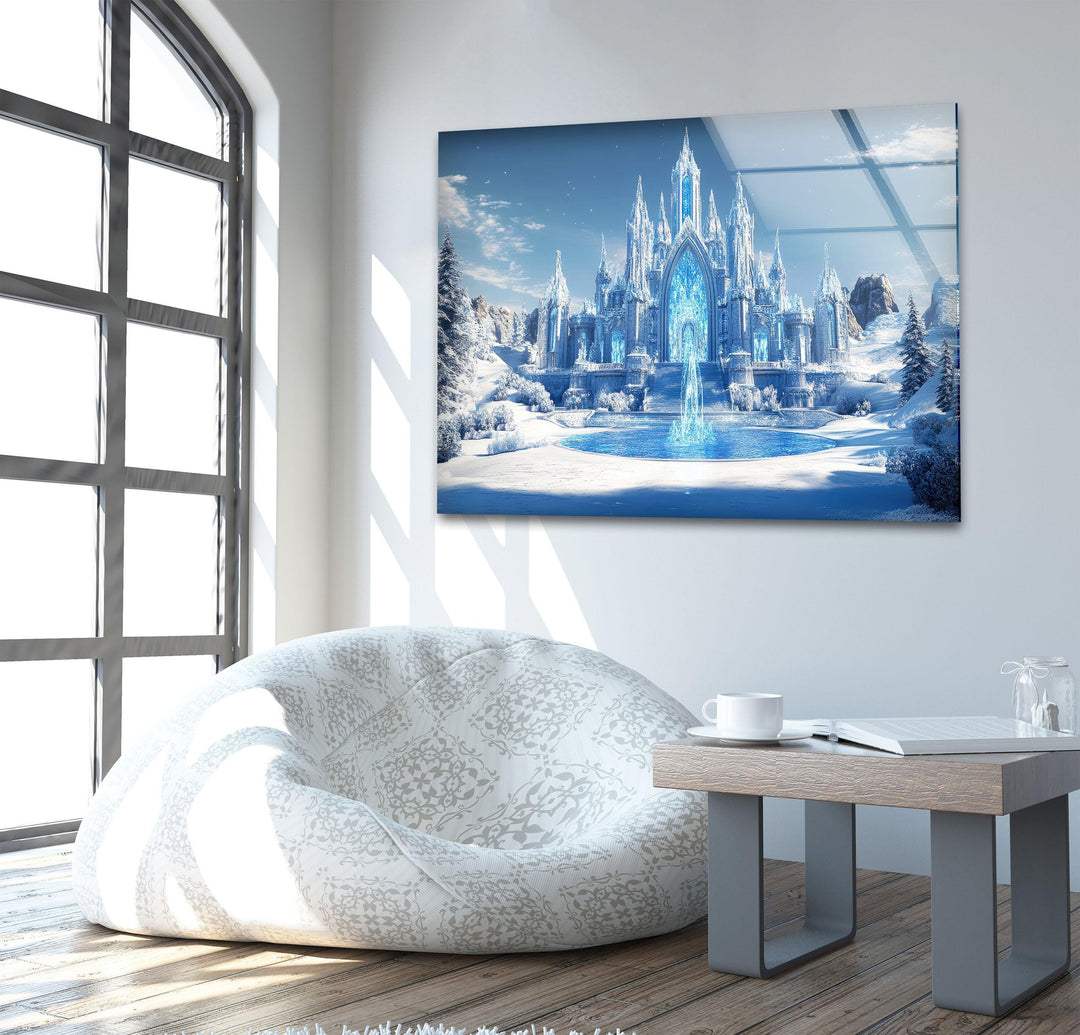 Snowy Beauty Castle Glass Wall Art custom glass pictures, glass art prints
