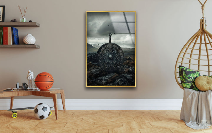 Vikings Valhalla Shields Glass Wall Art picture on glass wall art, photos printed on glass
