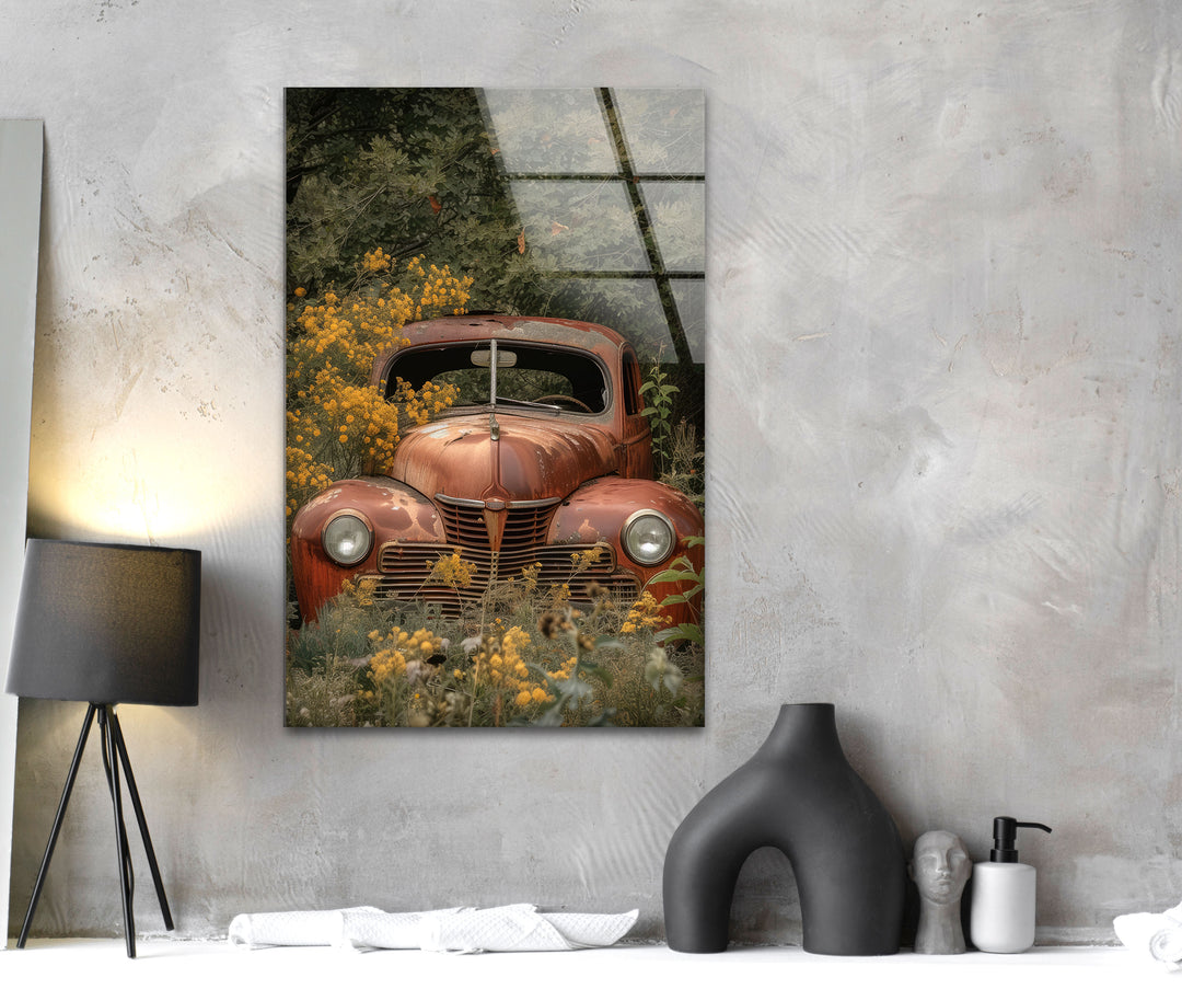 Rusty Car Glass Wall Artwork & Cool Art Prints