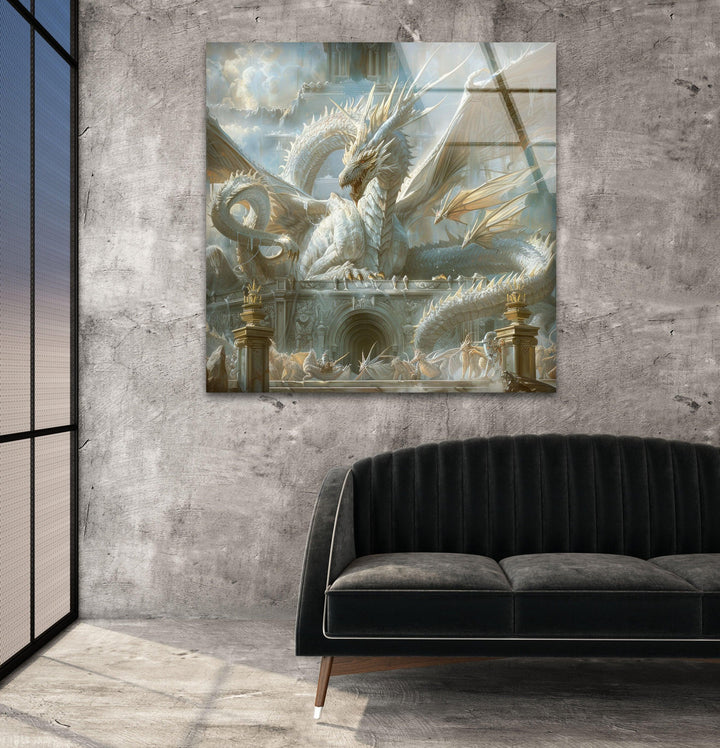 White Dragon Presiding Glass Wall Art glass photo prints, glass picture prints
