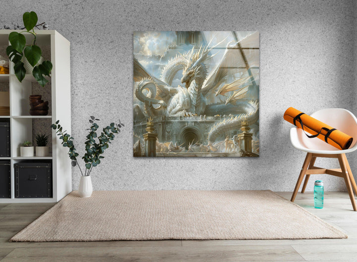 White Dragon Presiding Glass Wall Art picture on glass wall art, photos printed on glass
