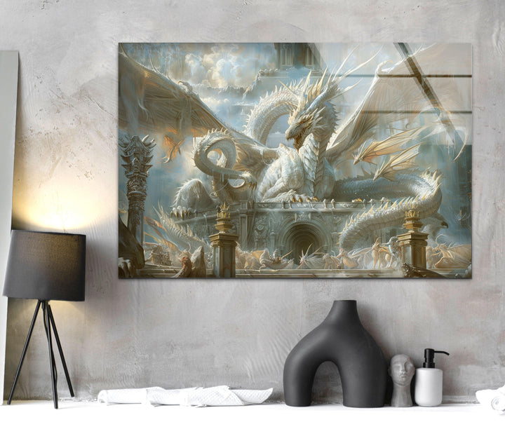 White Dragon Presiding Glass Wall Art custom glass photo prints, large glass prints
