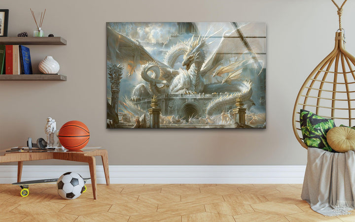 White Dragon Presiding Glass Wall Art print on glass, glass printed photos
