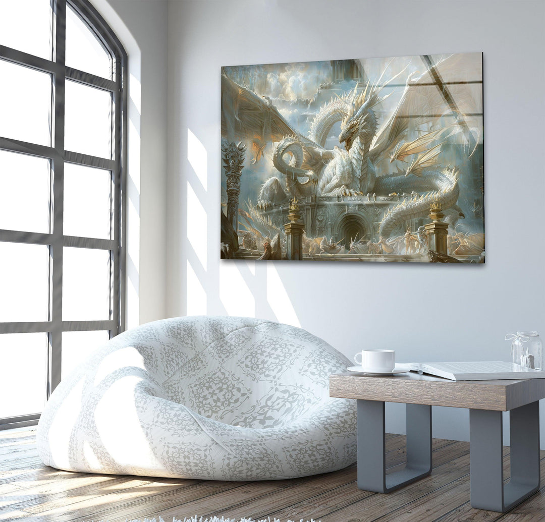 White Dragon Presiding Glass Wall Art glass image printing, glass prints from photos
