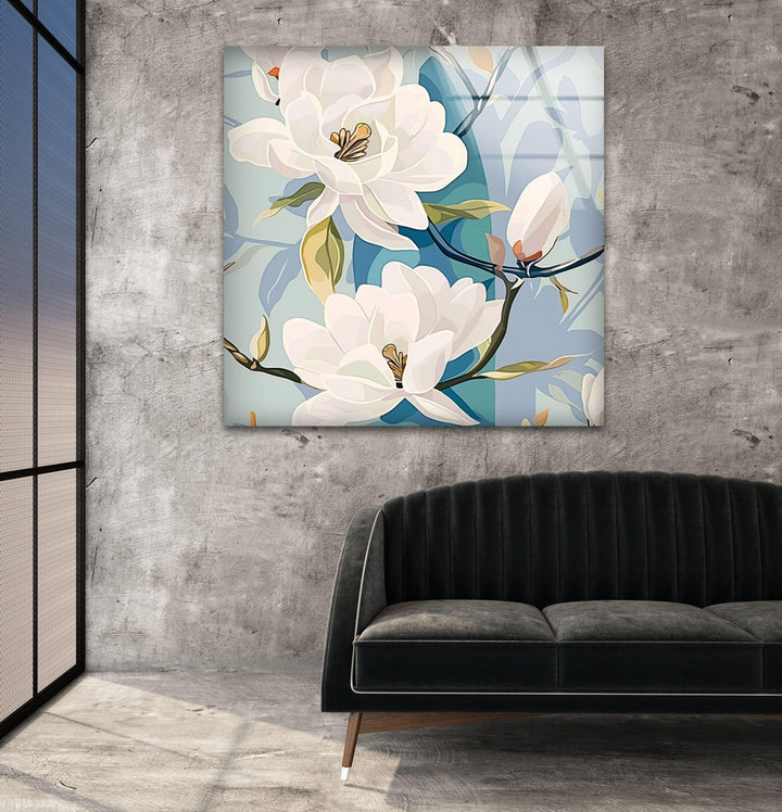 White Floral Glass Wall Art, custom glass photo prints, large glass prints