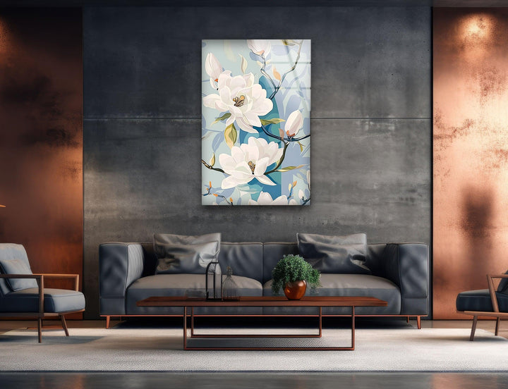 White Floral Glass Wall Art, glass photo prints, glass picture prints