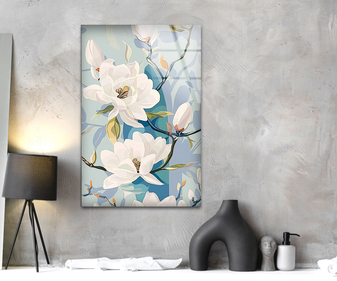 White Floral Glass Wall Art, photo print on glass, prints on glass wall art