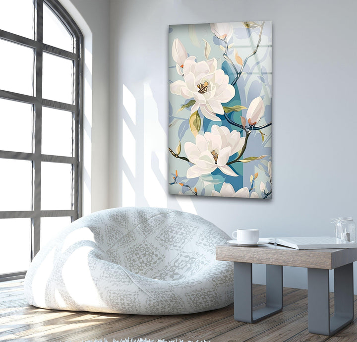 White Floral Glass Wall Art, large glass photo prints, glass wall photos