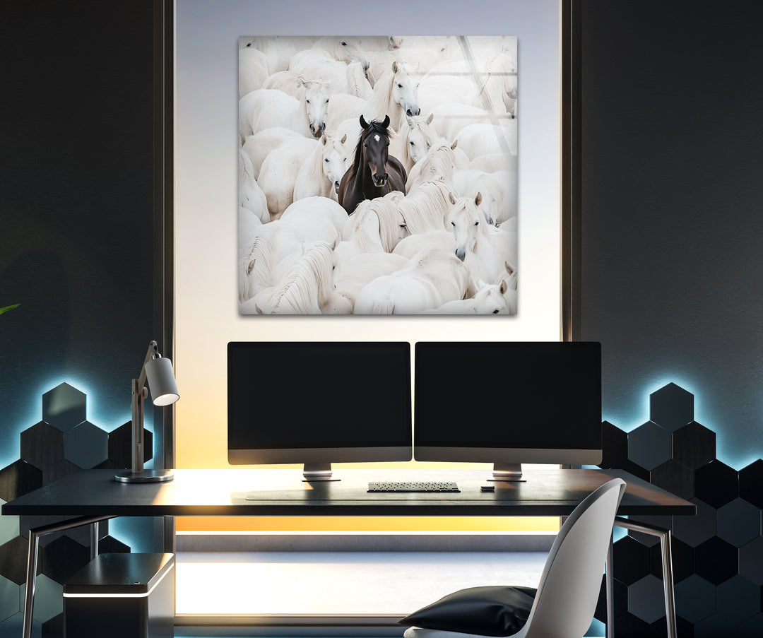 White Horses with One Black Horse Glass Wall Art Glass Printing Wall Art, Print photos on glass
