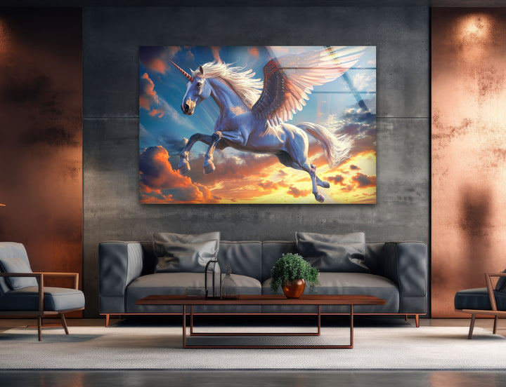 Winged Unicorn Glass Wall Art, large glass photo prints, glass wall photos