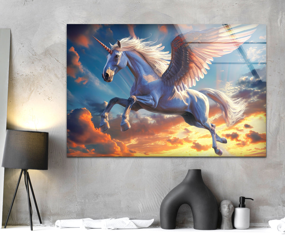 Winged Unicorn Glass Wall Art, custom glass photo prints, large glass prints