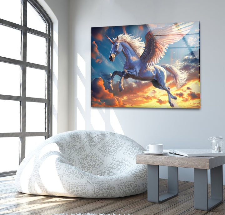 Winged Unicorn Glass Wall Art, glass art painting, glass art for the Wall