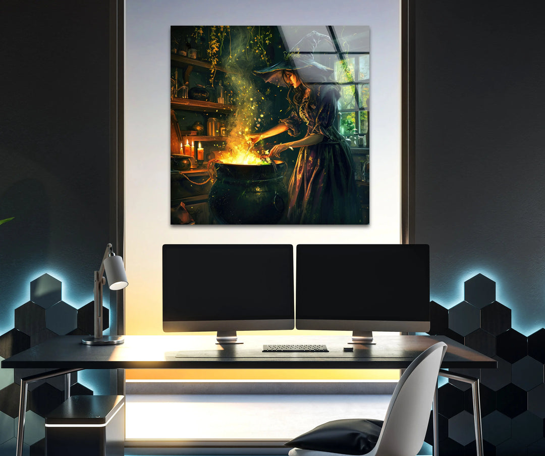 Witch and Her Cauldron Tempered Glass Wall Art