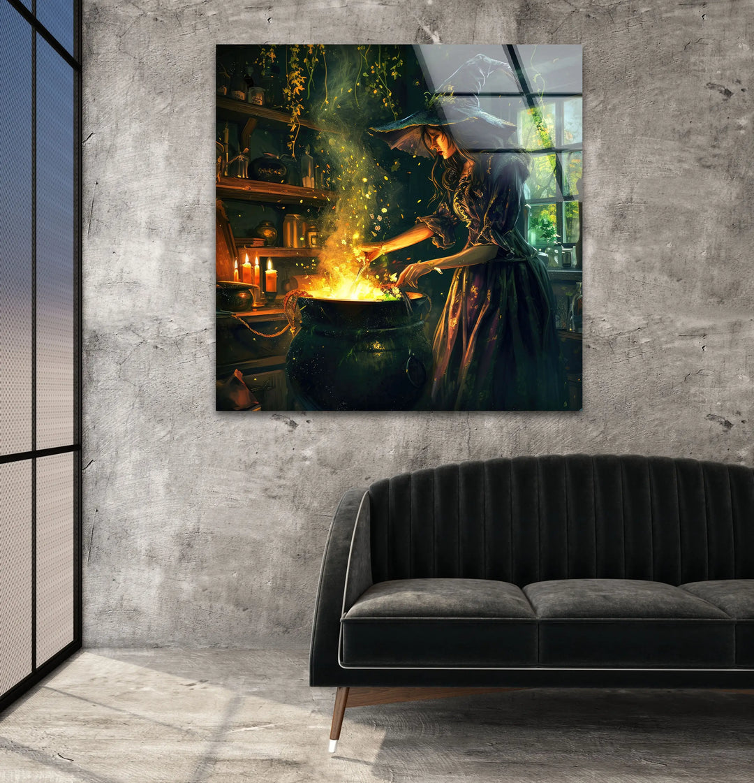 Witch and Her Cauldron Tempered Glass Wall Art