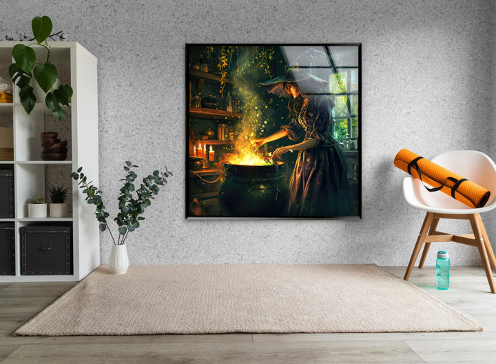 Witch and Her Cauldron Tempered Glass Wall Art