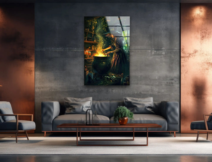 Witch and Her Cauldron Tempered Glass Wall Art