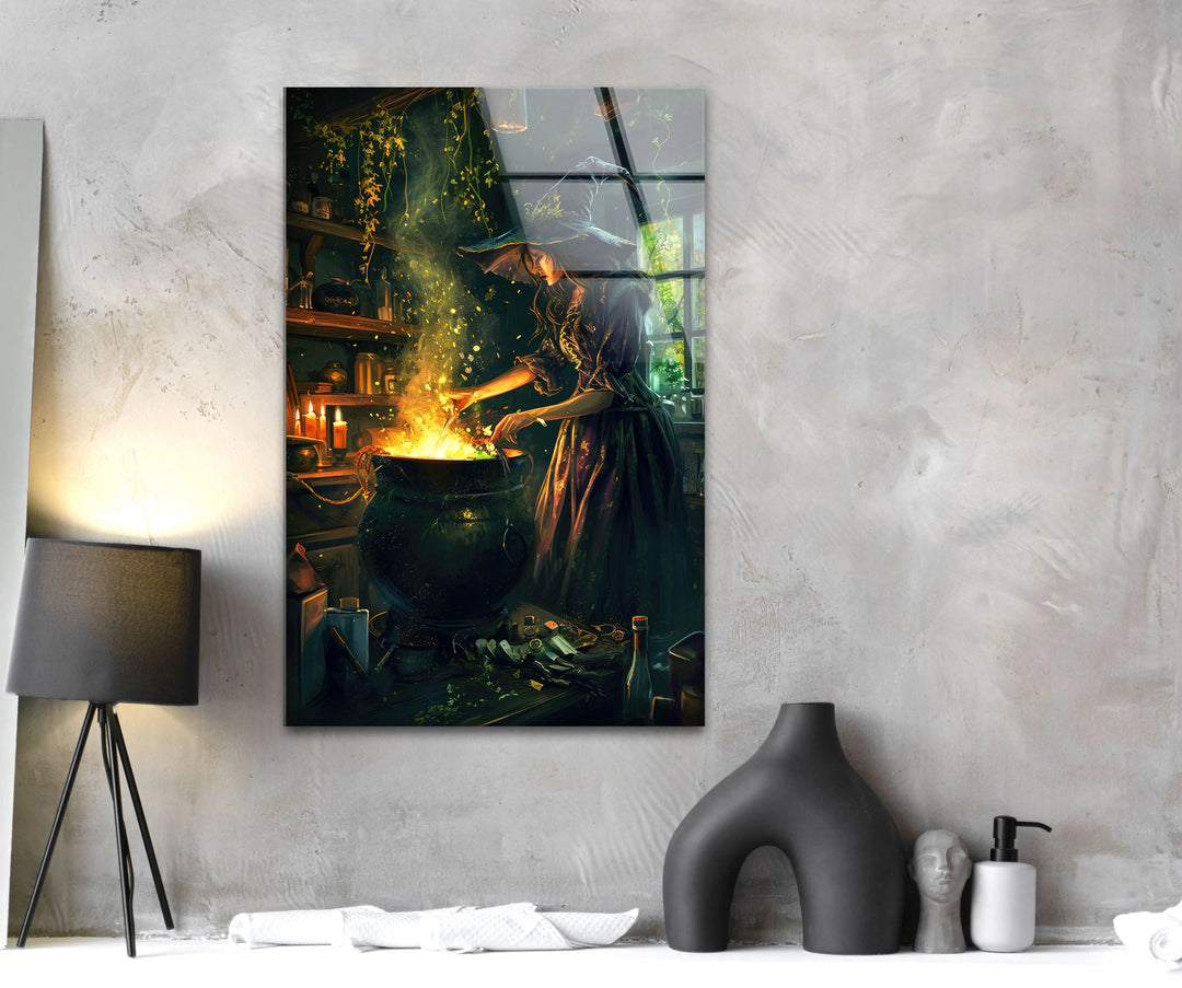 Witch and Her Cauldron Tempered Glass Wall Art