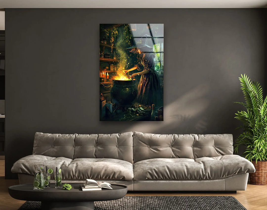 Witch and Her Cauldron Tempered Glass Wall Art