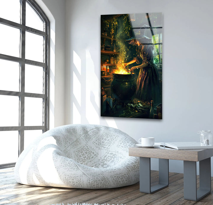 Witch and Her Cauldron Tempered Glass Wall Art