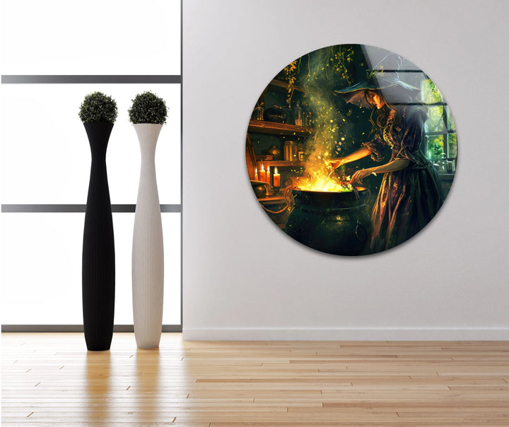 Witch and Her Cauldron Tempered Glass Wall Art