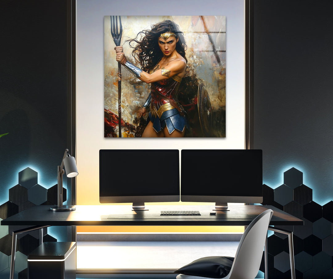 Wonder Woman Fighting Glass Wall Art art glass wall art, glass wall art pictures
