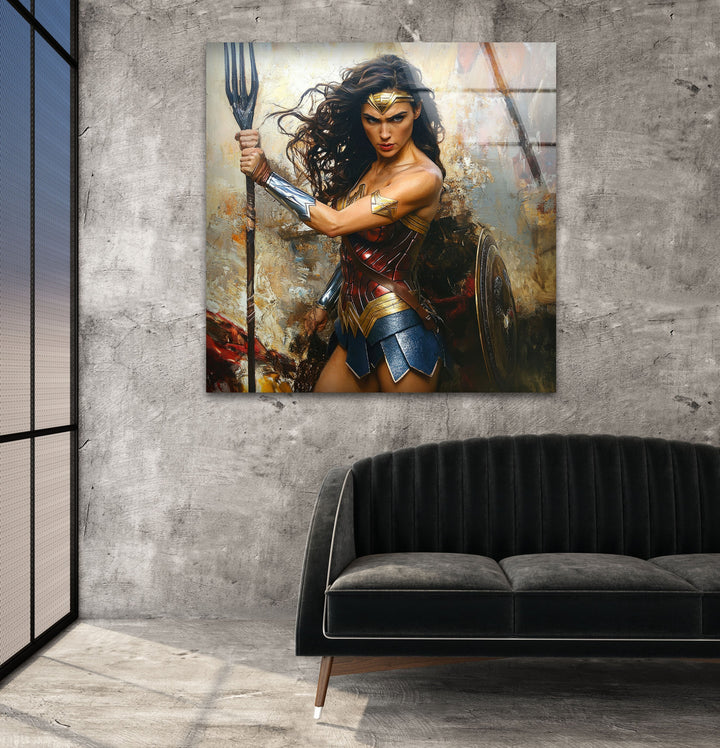 Wonder Woman Fighting Glass Wall Art stained glass wall art, stained glass wall decor
