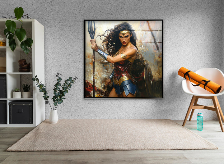 Wonder Woman Fighting Glass Wall Art glass art painting, glass art for the Wall
