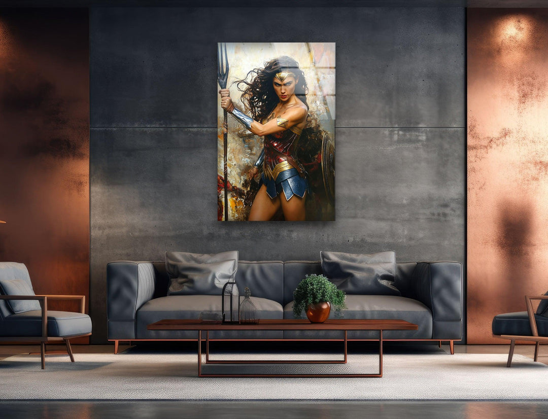 Wonder Woman Fighting Glass Wall Art glass photo prints, glass picture prints
