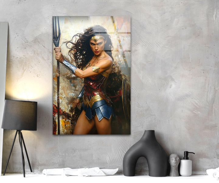 Wonder Woman Fighting Glass Wall Art glass image printing, glass prints from photos
