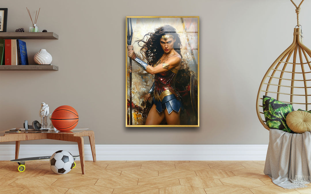 Wonder Woman Fighting Glass Wall Art cglass pictures for Wall, glass prints wall art
