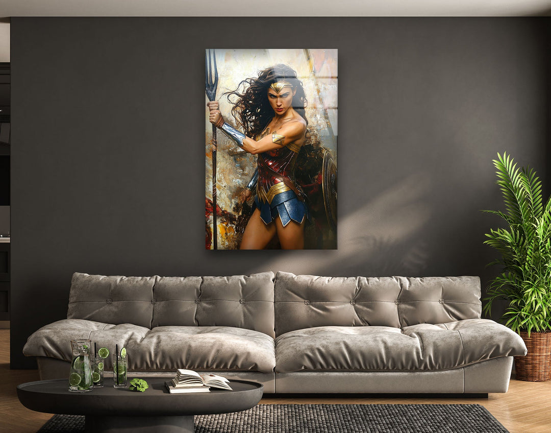 Wonder Woman Fighting Glass Wall Art  glass wall decor, glass wall art decor
