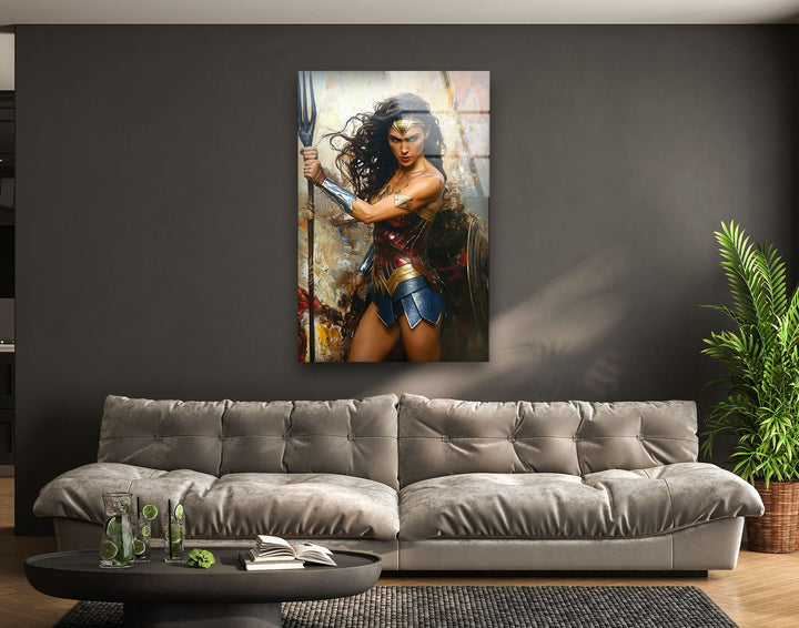 Wonder Woman Fighting Glass Wall Art  glass wall decor, glass wall art decor
