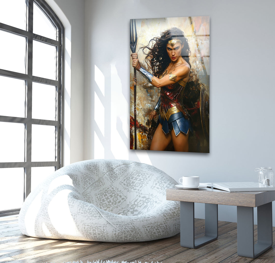 Wonder Woman Fighting Glass Wall Art custom glass pictures, glass art prints
