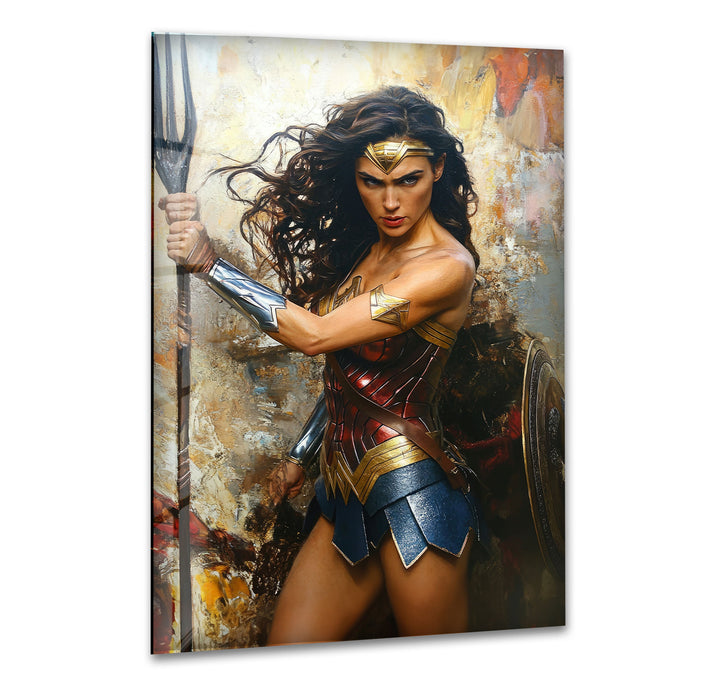 Wonder Woman Fighting Glass Wall Art print picture on glass, Tempered Glass Wall Art
